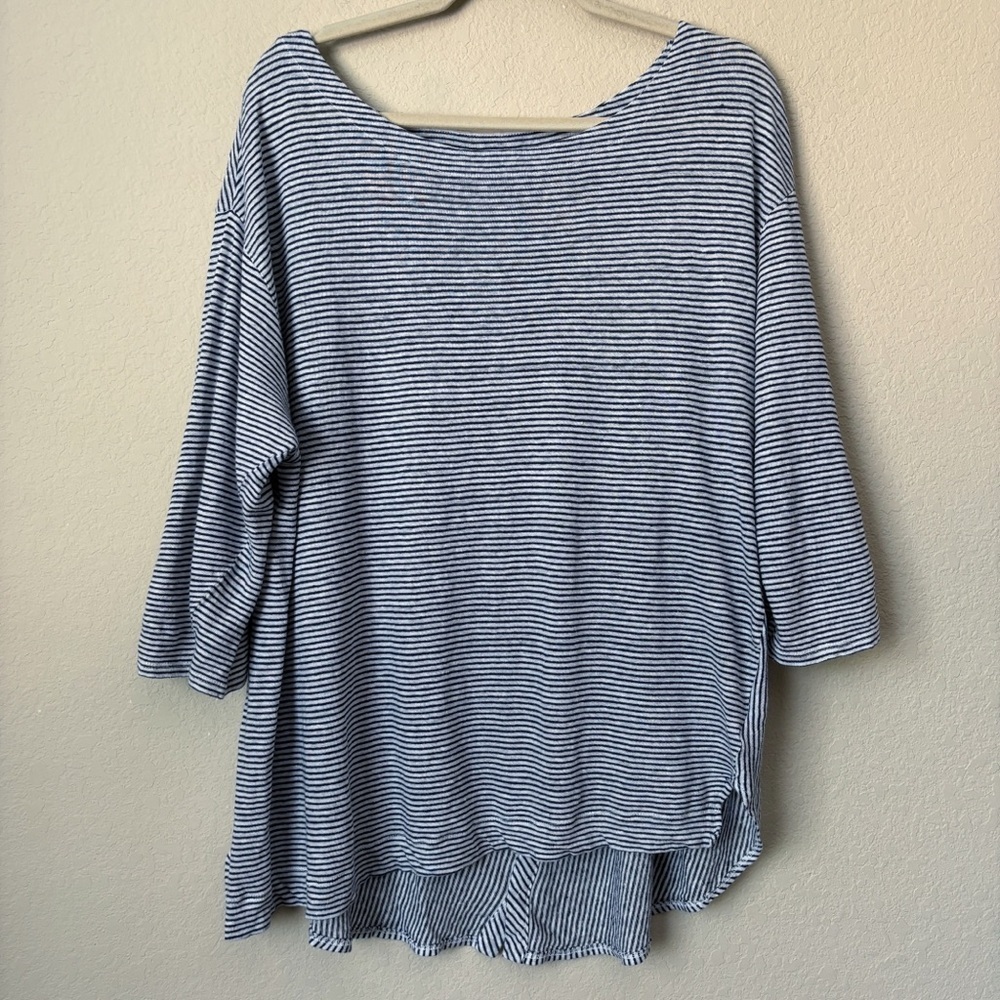 Adrienne Vittadini 2X Linen Three-quarter Sleeve Roll Tab Stripe Top Beachy - Picture 4 of 12